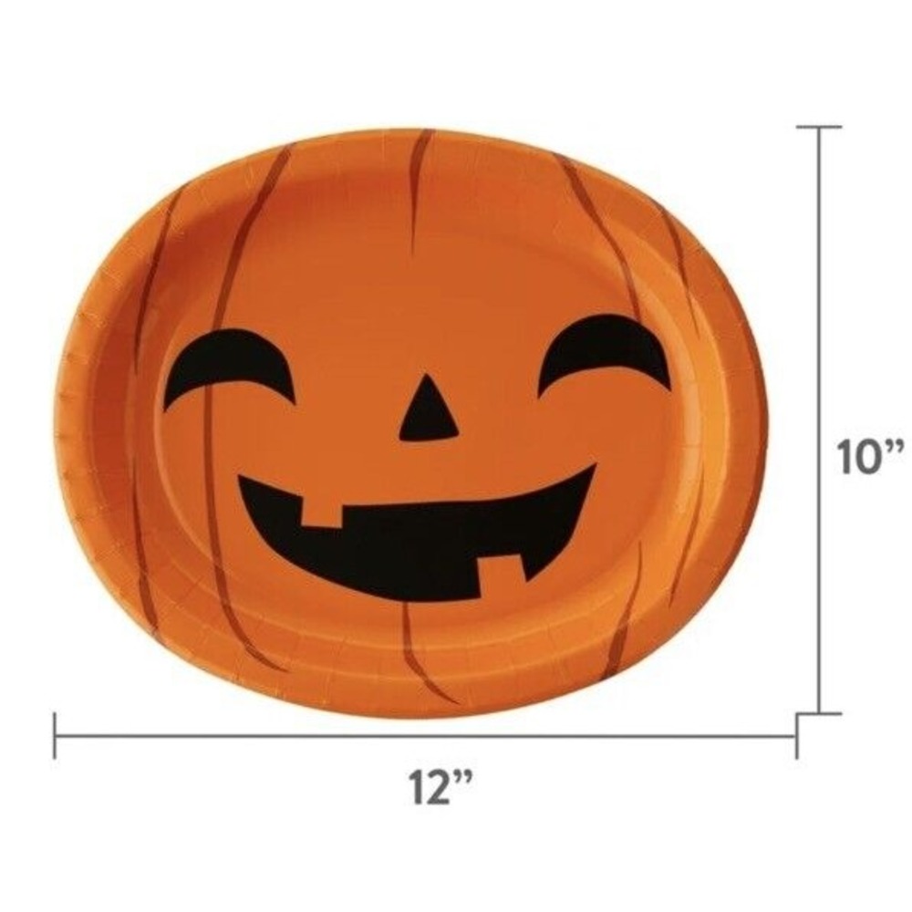 Pack of 8 Jack O Lantern Halloween Pumpkin Large Oval Paper Party Plates 10"x12"